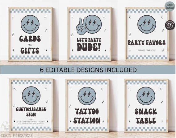 Smiley Face Table Signs | Editable Retro Blue One Happy Dude Birthday Party | Digital Download