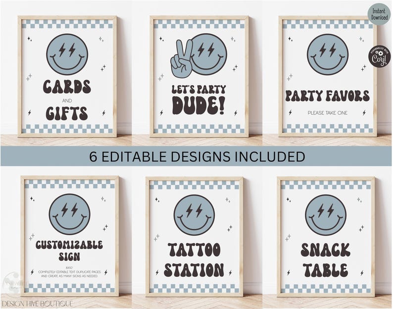 May include: Six printable signs with light blue checkerboard borders and a central blue smiley face with lightning bolt eyes. The text reads: CARDS AND GIFTS, LET'S PARTY DUDE!, PARTY FAVORS, CUSTOMIZABLE SIGN, TATTOO STATION, and SNACK TABLE.