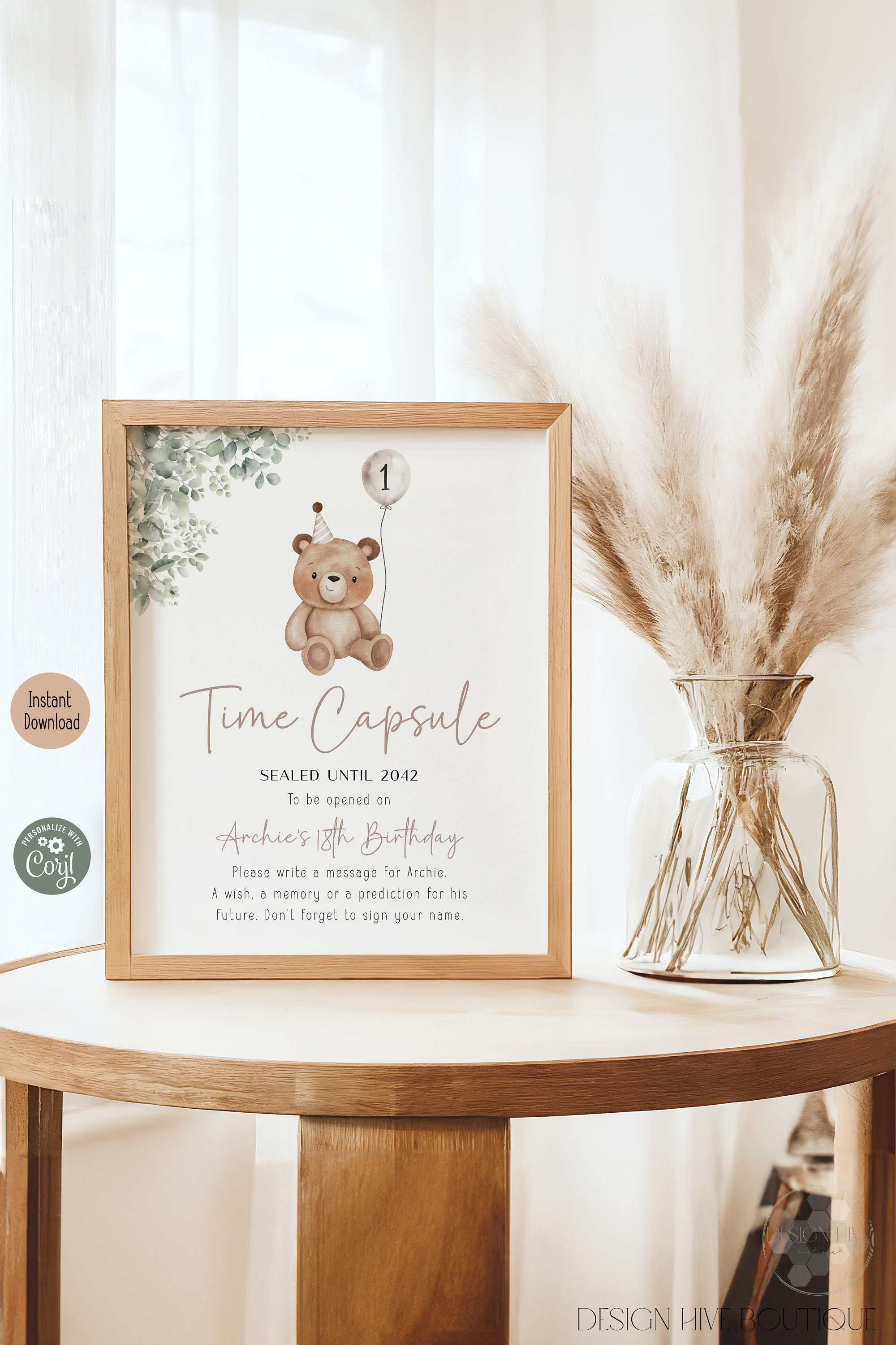 Teddy Bear Birthday Time Capsule Sign | Editable Beary First Theme ...