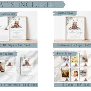 May include: A set of printable party decorations, including a time capsule sign, custom sign, thank you cards, and a photo banner. The signs are 20x25 cm, and the cards are 9x13 cm and 13x18 cm. The theme features a teddy bear.