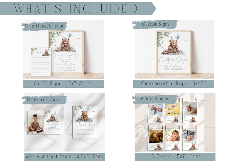 May include: A set of printable party decorations, including a time capsule sign, custom sign, thank you cards, and a photo banner. The signs are 20x25 cm, and the cards are 9x13 cm and 13x18 cm. The theme features a teddy bear.