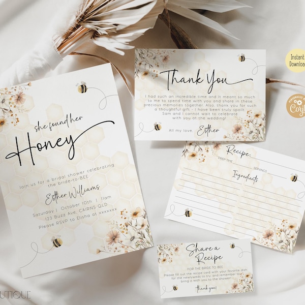 Honey Bee Bridal Shower Invitation Set | Editable Wildflower Theme Brunch Invite | Digital Template