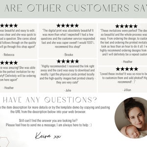 May include: A white background with a honeycomb pattern. The text "WHAT ARE OTHER CUSTOMERS SAYING?" is at the top of the image. There are five customer reviews with five stars each. Each review includes a quote from a customer and the customer's name. The text "HAVE ANY QUESTIONS?" is below the reviews. The text "Please see the item description for more details or try the template demo by copying and pasting the URL from the description below into your web browser." is below the text "HAVE ANY QUESTIONS?". The text "Still can't find the answer you are looking for? Please feel free to send me a message, I am always here to help :)" is below the previous text. The text "Keira xx" is at the bottom of the image. A circle with a woman and a baby is in the bottom right corner of the image.