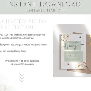 May include: Editable template for a baby shower invitation with a green and white floral design and the text "She's sweet as Honey".