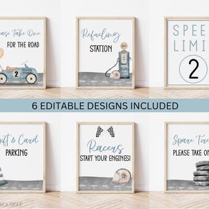 May include: Six printable signs with a blue and gray color scheme featuring a racing theme. The signs include text such as "Please Take One For The Road", "Refueling Station", "Speed Limit 2", "Gift & Card Parking", "Racers Start Your Engines", and "Spare Tires Please Take One".