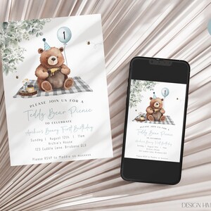 May include: A digital invitation for a Teddy Bear Picnic, featuring a watercolour illustration of a brown teddy bear with a party hat. The invitation includes event details and is displayed on a white card and a smartphone.