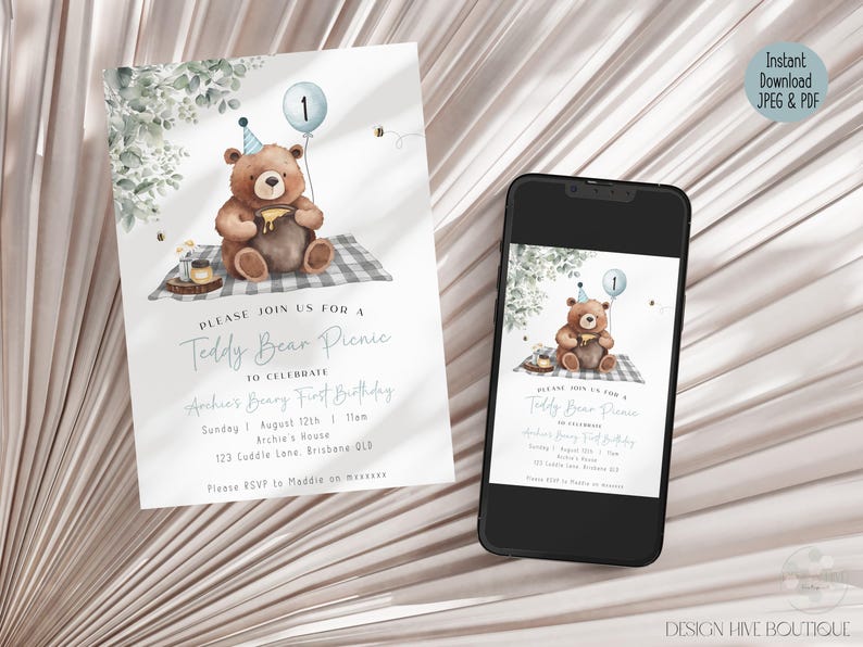 May include: A digital invitation for a Teddy Bear Picnic, featuring a watercolour illustration of a brown teddy bear with a party hat. The invitation includes event details and is displayed on a white card and a smartphone.