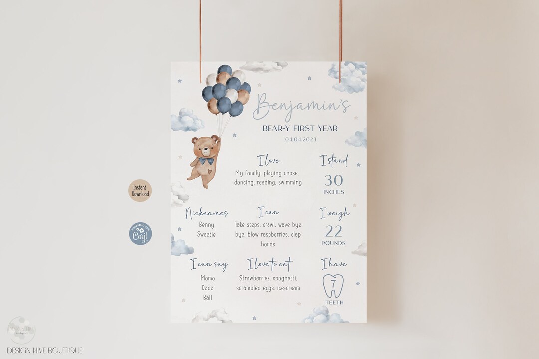Beary 1st Birthday Milestone Board | Editable Blue Teddy Bear Balloons ...