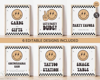 Happy Dude 1st Birthday Party Signs | Editable Retro Smiley Face Party Decor | Digital Template