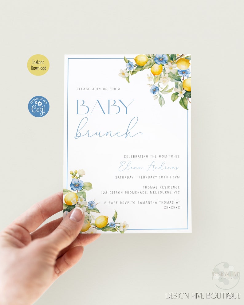 Może przedstawiać: Zaproszenie na baby shower z akwarelową ilustracją cytryn i kwiat&oacute;w. Zaproszenie na baby brunch z okazji przyjścia na świat dziecka Elina Andruas. Wydarzenie odbędzie się w sobotę, 10 lutego o godzinie 13:00 w Thomas Residence, 123 Citron Promenade, Melbourne VIC. Prosimy o potwierdzenie obecności u Samantha Thomas pod podanym numerem telefonu.