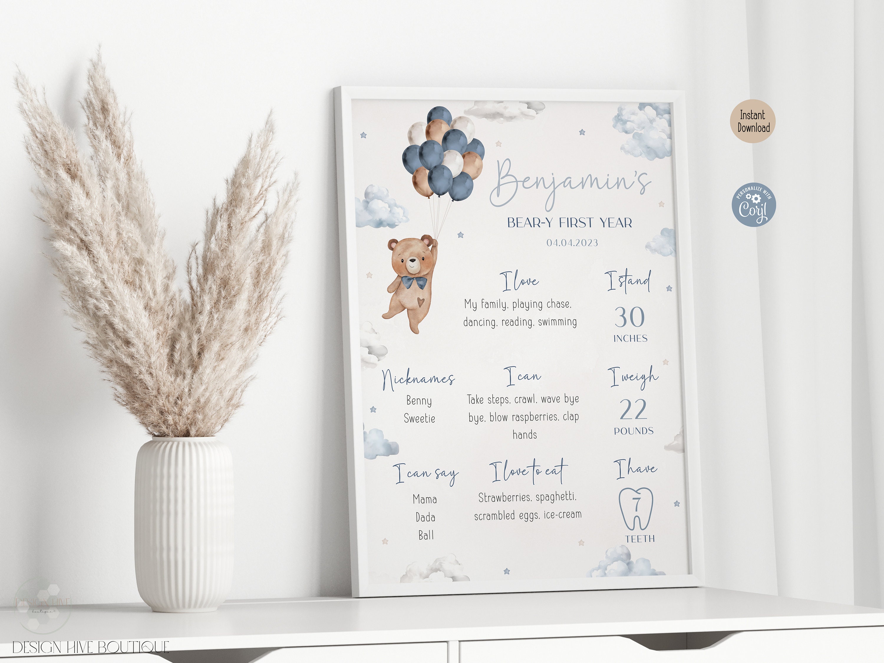 Beary 1st Birthday Milestone Board | Editable Blue Teddy Bear Balloons ...