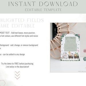 May include: Editable template for a "Born Two Wild" second birthday party invitation. The invitation features a green, white, and brown color scheme with illustrations of animals on a train. The text "Born Two Wild" is written in a green and white font.