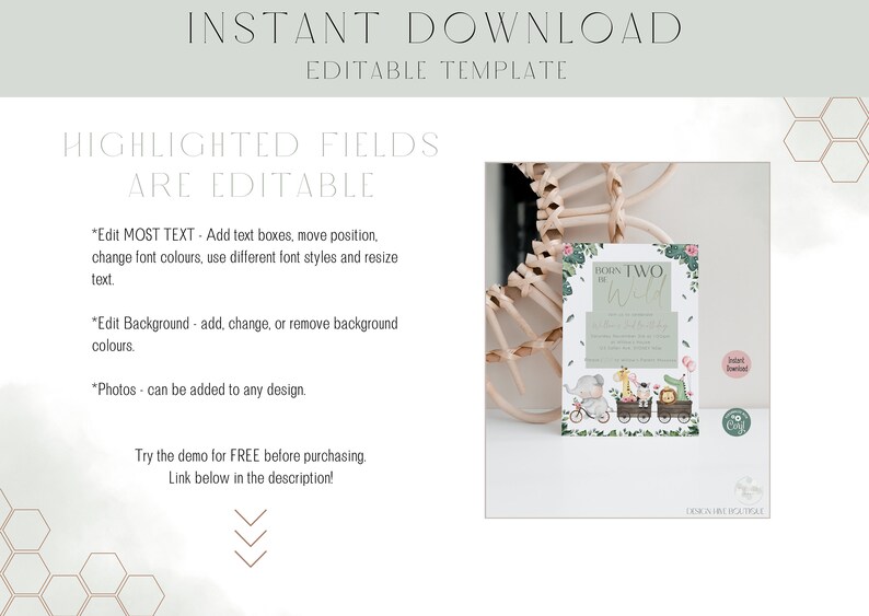 May include: Editable template for a "Born Two Wild" second birthday party invitation. The invitation features a green, white, and brown color scheme with illustrations of animals on a train. The text "Born Two Wild" is written in a green and white font.