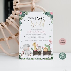 May include: A printable invitation for a child's second birthday party. The invitation features a jungle theme with a pink and green color scheme. The text on the invitation reads "Born Two Be Wild" and includes details about the party, such as the date, time, and location. The invitation also includes a cute illustration of animals riding a train.
