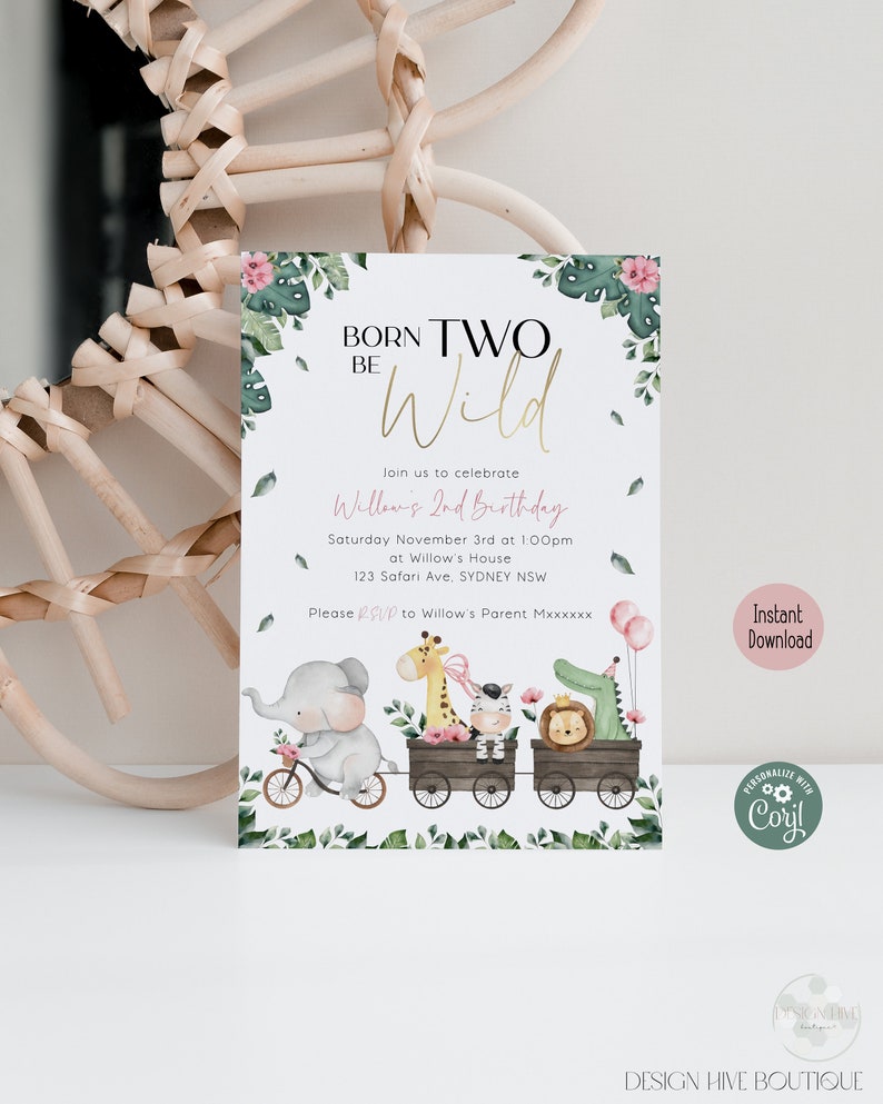 May include: A printable invitation for a child's second birthday party. The invitation features a jungle theme with a pink and green color scheme. The text on the invitation reads "Born Two Be Wild" and includes details about the party, such as the date, time, and location. The invitation also includes a cute illustration of animals riding a train.
