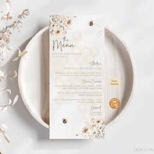 Modello di menu modificabile per baby shower con api, un po' di miele è in arrivo Modello stampabile neutro per baby shower con api, modello moderno stampabile