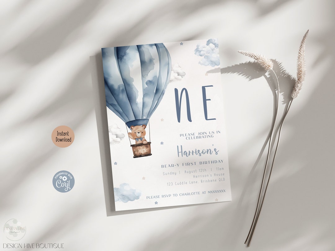 Editable Beary First Birthday Invitation, Teddy Bear Hot Air Balloon ...