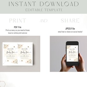 May include: Printable baby shower invitation featuring a bee and honeycomb design with the text "How She Sweet Baby Bee". The invitation is shown printed and on a phone screen.
