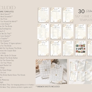 May include: A collection of 30 printable 5x7 inch game cards for a bridal shower. The cards feature a floral design and include games like "Bridal Word Search", "Guess the Price", and "Wedding Scattegories".