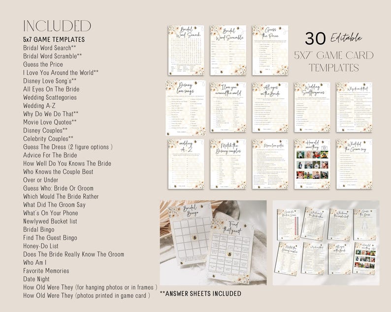 May include: A collection of 30 printable 5x7 inch game cards for a bridal shower. The cards feature a floral design and include games like "Bridal Word Search", "Guess the Price", and "Wedding Scattegories".