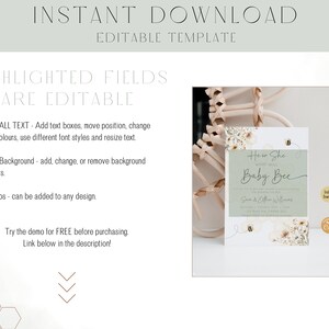 May include: Editable template for a baby shower invitation with a green background and floral design. The text reads "How She Sweet Will Baby Bee".