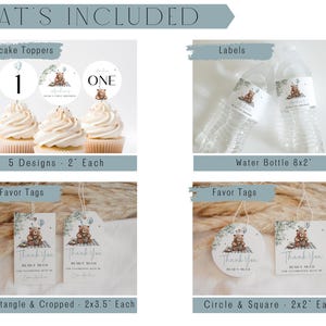 May include: A selection of party decorations with a teddy bear design. The set includes cupcake toppers, water bottle labels, and favour tags in rectangular and circular shapes. Cupcake toppers are 5 cm in diameter, and water bottle labels are 20x5 cm.