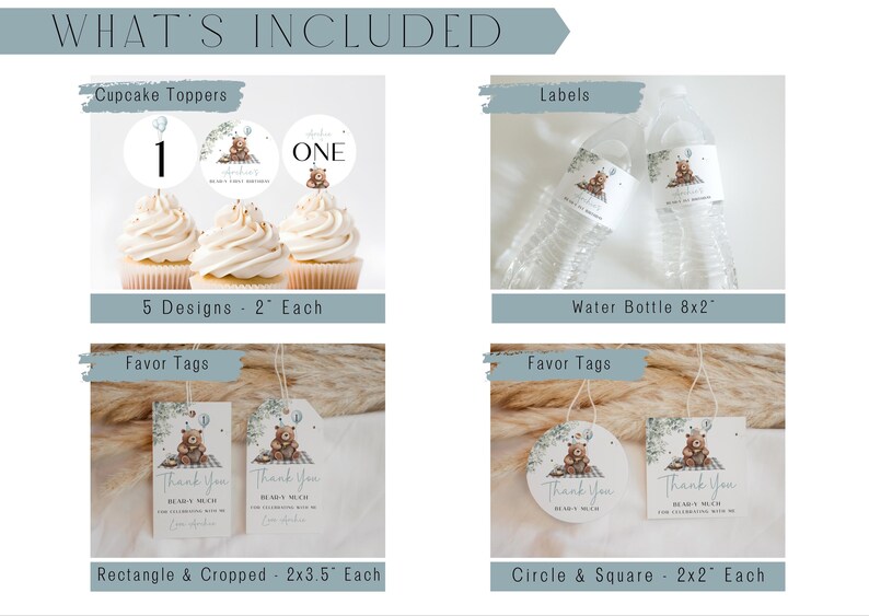 May include: A selection of party decorations with a teddy bear design. The set includes cupcake toppers, water bottle labels, and favour tags in rectangular and circular shapes. Cupcake toppers are 5 cm in diameter, and water bottle labels are 20x5 cm.