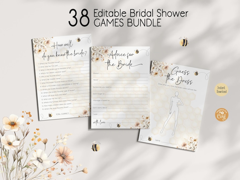 May include: A set of printable bridal shower games with a floral and bee theme. The games include "How well do you know the bride?", "Advice for the bride", and "Guess the dress".