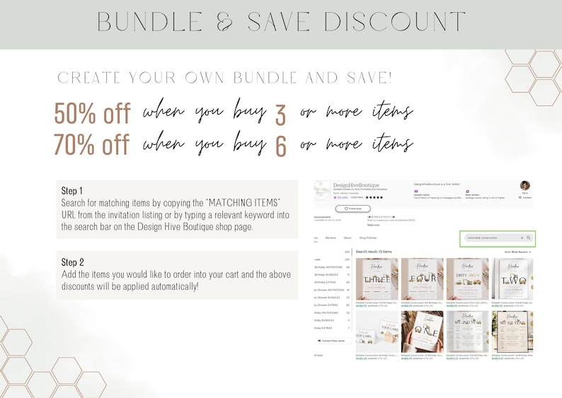 May include: Promotional graphic with text "BUNDLE & SAVE DISCOUNT" and "CREATE YOUR OWN BUNDLE AND SAVE!" Offers 50% off when buying 3+ items and 70% off when buying 6+ items. Instructions on how to search for matching items are included.