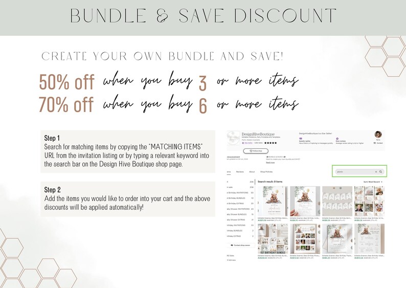 Peut inclure: Un graphique avec un fond beige et du texte brun expliquant une r&eacute;duction de prix pour l'achat group&eacute; de 3 articles ou plus ou de 6 articles ou plus. Le texte indique "50% de r&eacute;duction lorsque vous achetez 3 articles ou plus" et "70% de r&eacute;duction lorsque vous achetez 6 articles ou plus". Le graphique comprend &eacute;galement deux &eacute;tapes pour profiter de la r&eacute;duction.