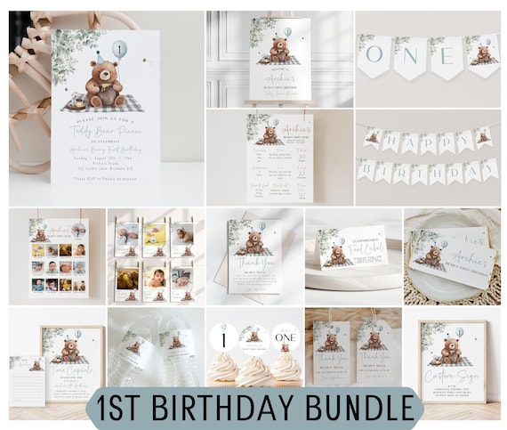 Teddy Bear Picnic Birthday Bundle | Editable Beary First Invite | Minimalist Theme | Digital Template