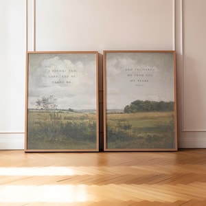 Christian Wall Art, Scripture Home Decor, Psalm 34:4 KJV, Set of Two, Landscape Painting, Cottage Core, Bible Verse, I Sought The Lord, Fear