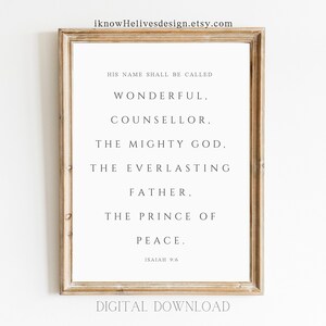May include: A printable digital download of a framed print with a beige background and black text. The text reads "HIS NAME SHALL BE CALLED WONDERFUL, COUNSELLOR, THE MIGHTY GOD, THE EVERLASTING FATHER. THE PRINCE OF PEACE. ISAIAH 9:6".