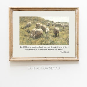 The Lord is My Shepherd Psalm 23 KJV Sheep Vintage Wall Art Printable Christian Scripture Print Minimalist Decor Poster French Oil Painting