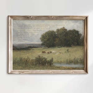 Può includere: Una stampa incorniciata di un dipinto che rappresenta una scena pastorale con una citazione di Filippesi 4:8. Il dipinto presenta un campo verde con un ruscello, alberi e mucche. La citazione dice: "Infine, fratelli, tutto ciò che è vero, tutto ciò che è onorevole, tutto ciò che è giusto, tutto ciò che è puro, tutto ciò che è amabile, tutto ciò che è di buona reputazione; se c'è qualche virtù, e se c'è qualche lode, pensate a queste cose."