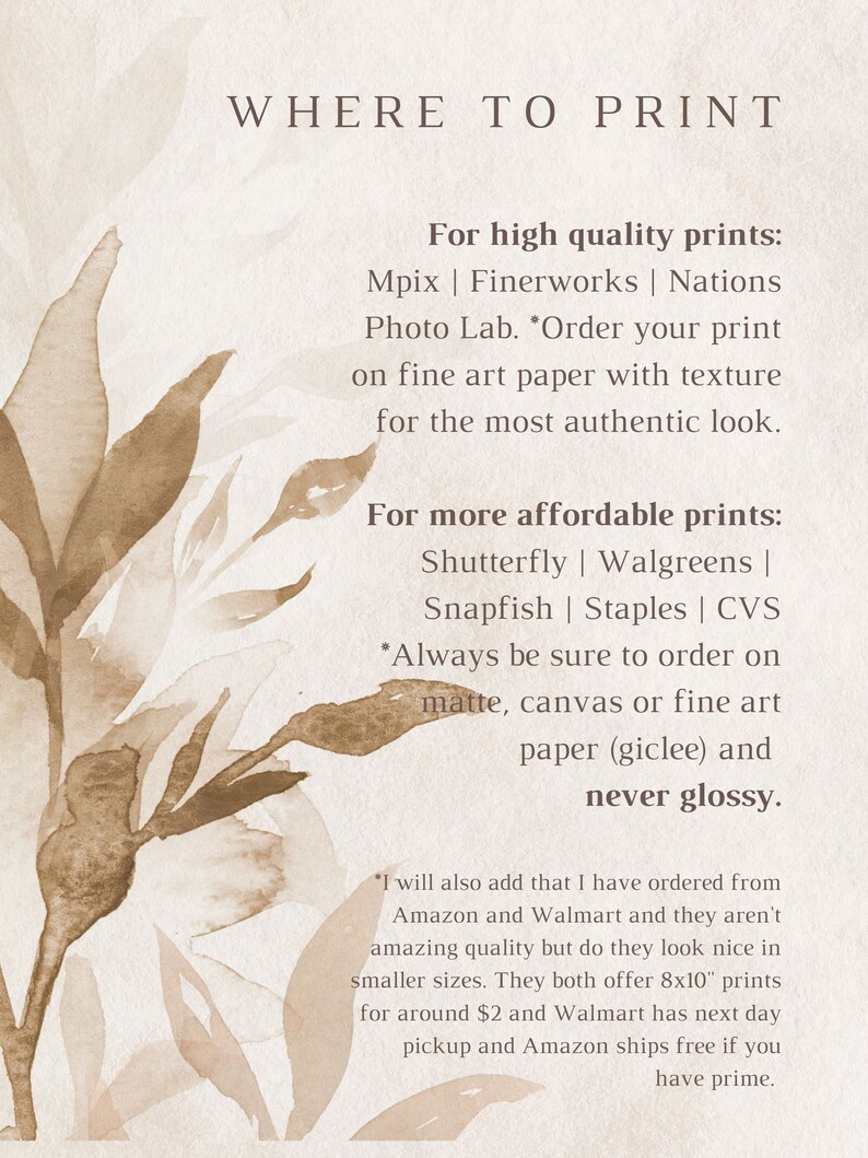 Puede incluir: Una ilustraci&oacute;n de acuarela de flores marrones sobre un fondo beige con texto que dice "WHERE TO PRINT" y enumera servicios de impresi&oacute;n en l&iacute;nea para impresiones de alta calidad y asequibles. El texto tambi&eacute;n incluye consejos para pedir impresiones, como pedir en mate, lienzo o papel de arte fino y nunca en brillo.