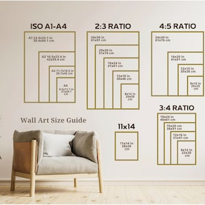 Puede incluir: Una gu&iacute;a de tama&ntilde;o de arte de pared con diferentes proporciones y medidas en pulgadas y cent&iacute;metros. La gu&iacute;a incluye las proporciones ISO A1-A4, 2:3, 3:4, 4:5 y 11x14.