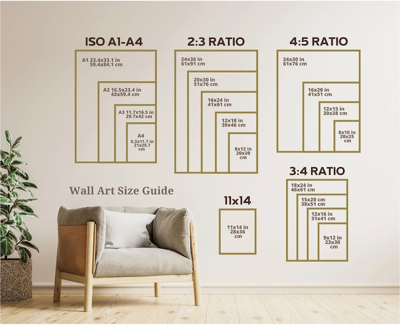 Puede incluir: Una gu&iacute;a de tama&ntilde;o de arte de pared con diferentes proporciones y medidas en pulgadas y cent&iacute;metros. La gu&iacute;a incluye las proporciones ISO A1-A4, 2:3, 3:4, 4:5 y 11x14.