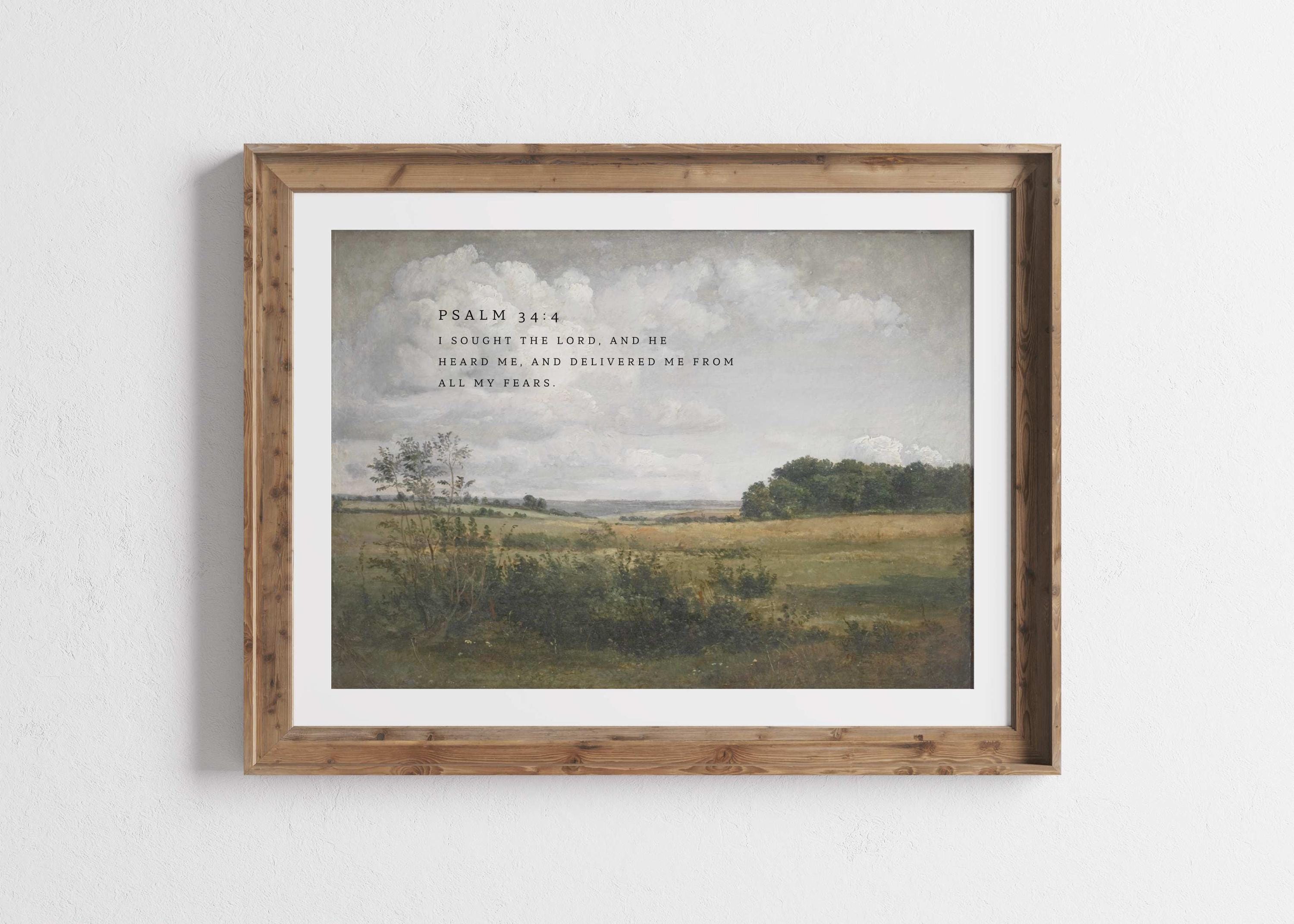 Cottage Scripture Image Christian Wall Art, Scripture Print, Psalm 34:4 KJV, Landscape Painting ...
