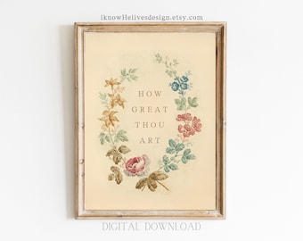 Neutral cristiano vivero floral boceto dibujo impresión Qué grande eres himno Escritura pared arte versículo bíblico regalo mínimo vintage niñas habitación