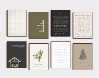 May include: Set of eight printable Christmas wall art prints featuring a variety of designs, including a plaid pattern, a green background with the text "Come let us adore Him", a black background with a star and the text "Luke 2:7-14", a vintage sheet music design, a black background with a manger scene, a green background with a sprig of greenery and the text "Joy to the world", a beige background with the text "Wonderful Counselor, The Mighty God, The Everlasting Father, The Prince of Peace", and a beige background with a pine tree and the text "A thrill of hope, the world could express".