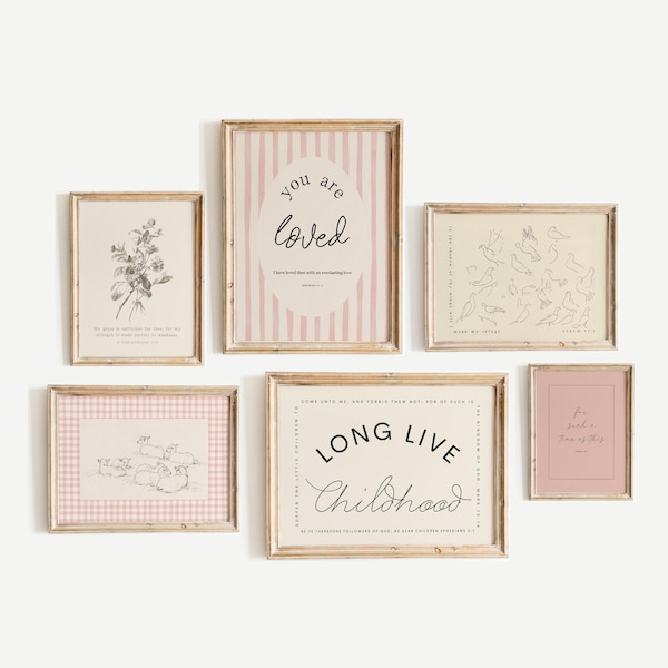 Galeria de parede vintage para meninas cristãs, decoração estilo casa de campo, pôster com versículo bíblico para quarto de bebê, arte de parede para quarto infantil, versículo bíblico KJV, imprimível, rosa