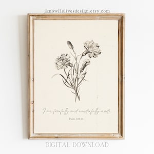 Christian Nursery Art, Floral Print,  Scripture Wall Art, Neutral Decor, Wonderfully Made, Psalm 139:14 KJV, Bible Verse Art, Vintage Sketch
