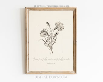 Arte cristiano de la guardería, estampado floral, arte de la pared de las Escrituras, decoración neutra, maravillosamente hecho, Salmo 139:14 KJV, arte del versículo bíblico, boceto vintage