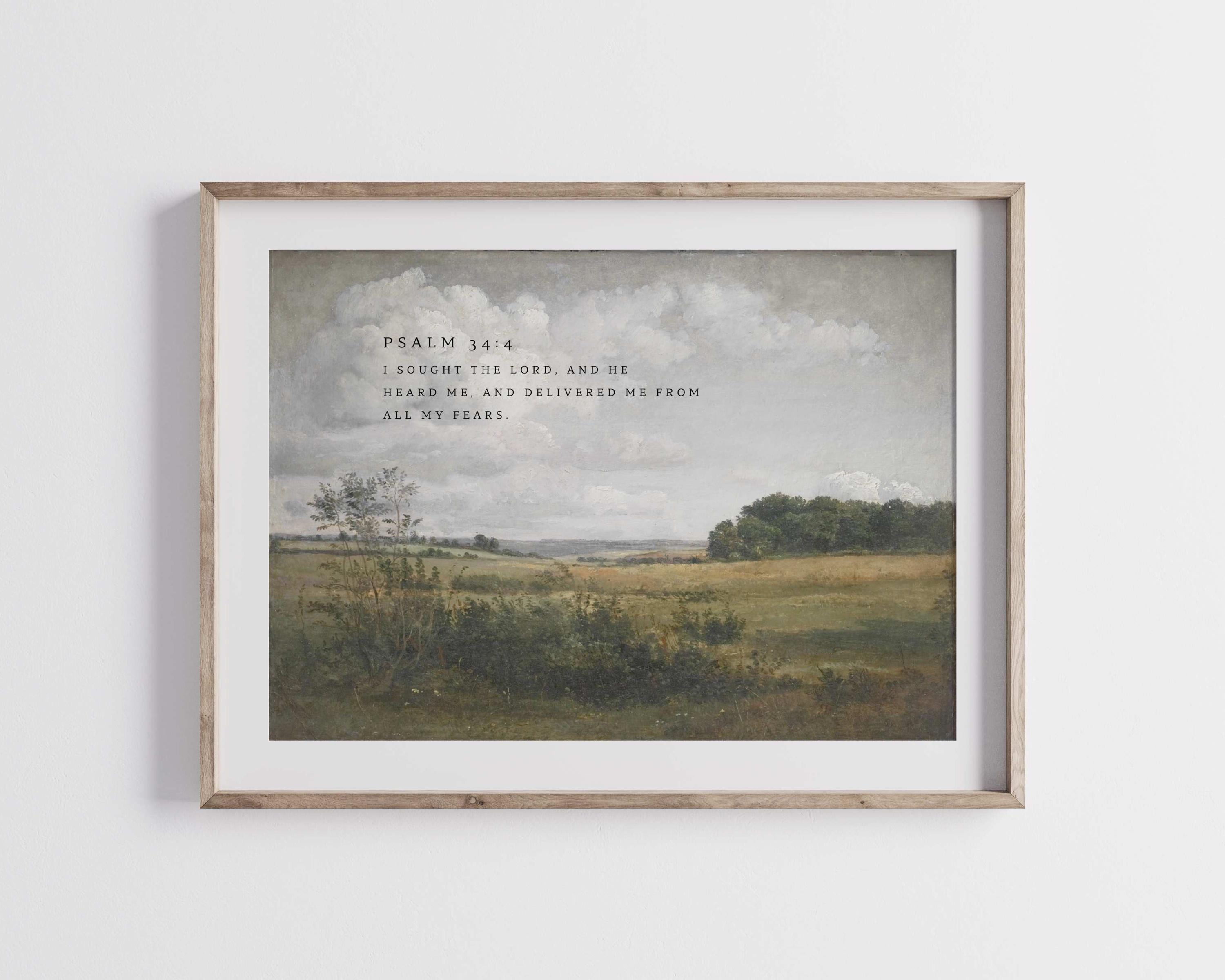 Cottage Scripture Image Christian Wall Art, Scripture Print, Psalm 34:4 KJV, Landscape Painting ...
