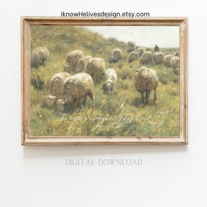 Christian Wall Art Printable KJV The Lord Is My Shepherd Psalms 23:1 Sheep Vintage Scripture Print Minimal Decor Poster French Oil Painting