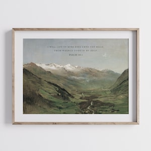 Mountain Bible Verse Art, Psalm 121:1 KJV, Landscape Christian Wall Art, Antique Painting, Scripture Print, Vintage Home Decor, Valley