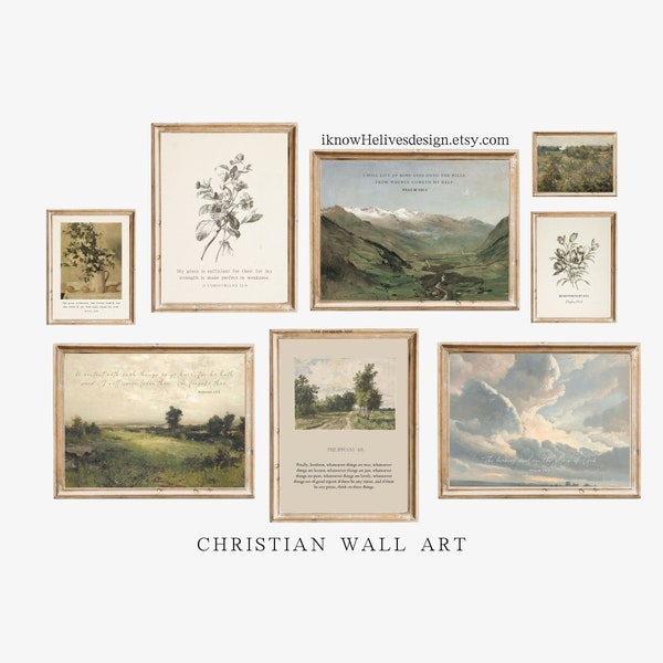Christliche Galeriewand, Vintage Wohndekor, Schriftdruck, Landschaftsmalerei Christliche Wandkunst, Bauernhausdekor, neutrale Ästhetik