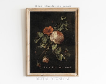 Pintura floral vintage, decoración cristiana para el hogar, arte mural bíblico, "Que se calme mi alma", impresión de himnos, arte con versículos bíblicos, decoración estética, floral
