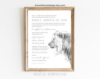 Armour of God Wall Art Printable Ephesians 6 KJV Modern Christian Scripture Childs Room Bible Verse Decor Minimalist Faith Lion Sword Truth